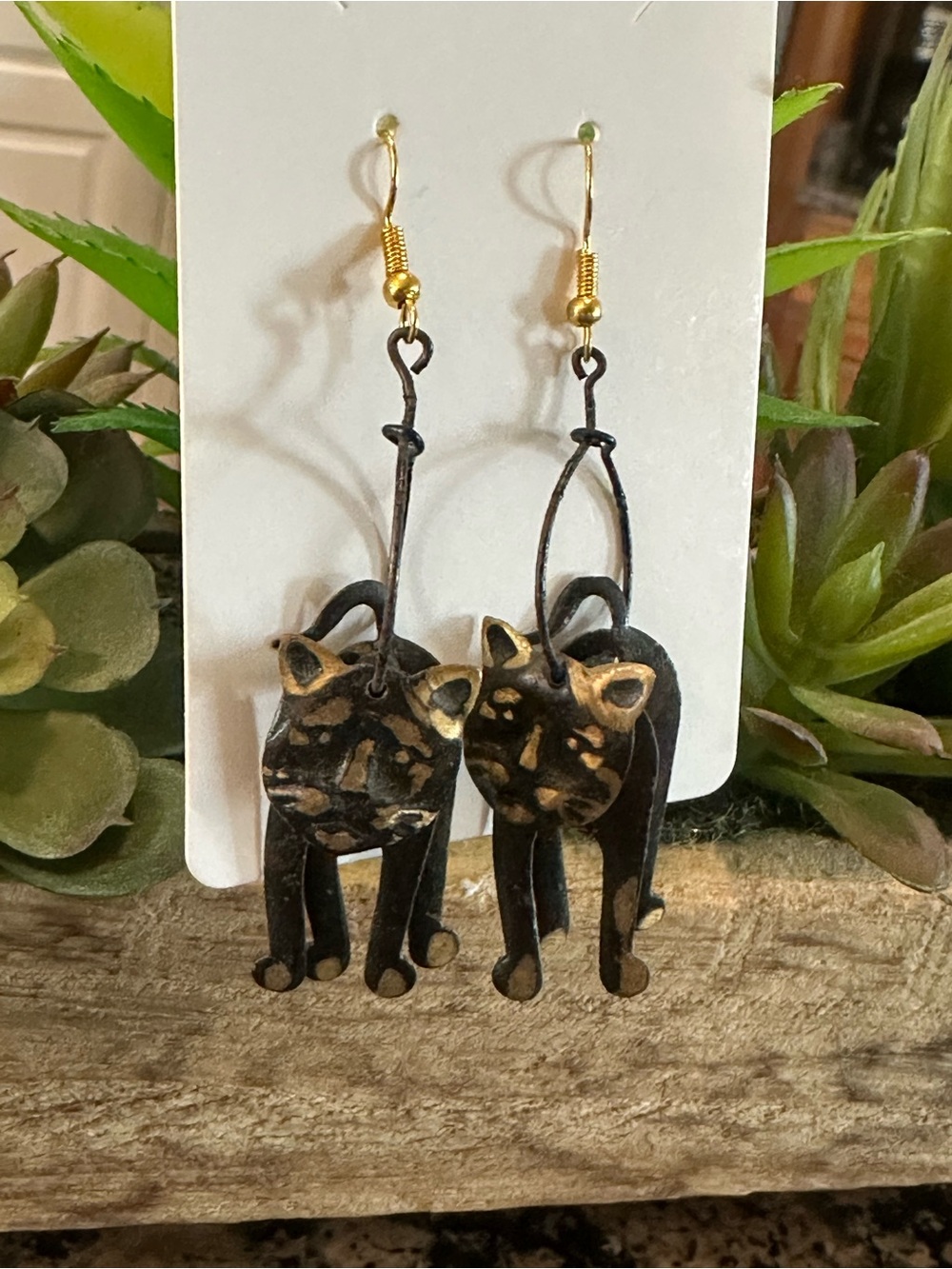 Whimsical Artisan Black Cat Drop Earrings with Gold Accents